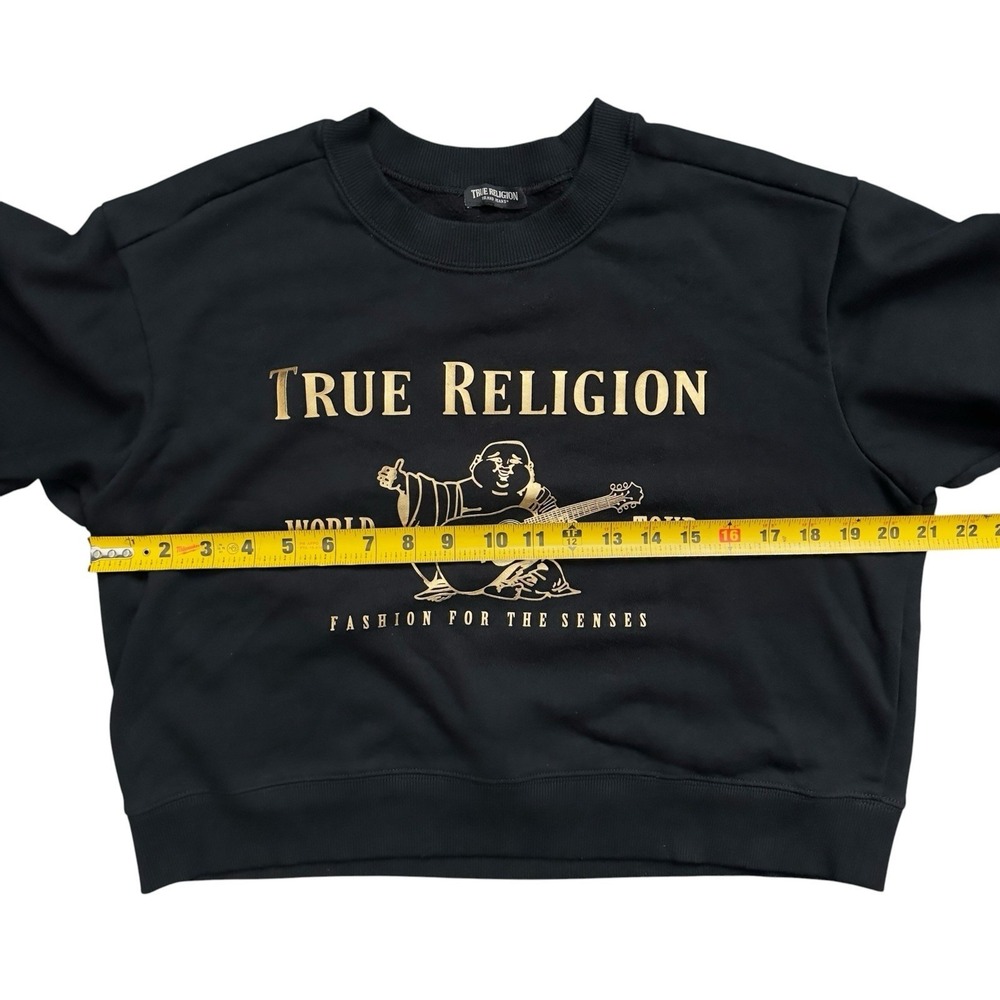 True Religion Black Gold Buddha Logo Crop Style Pullover Sweatshirt Sweater READ - Picture 4 of 6